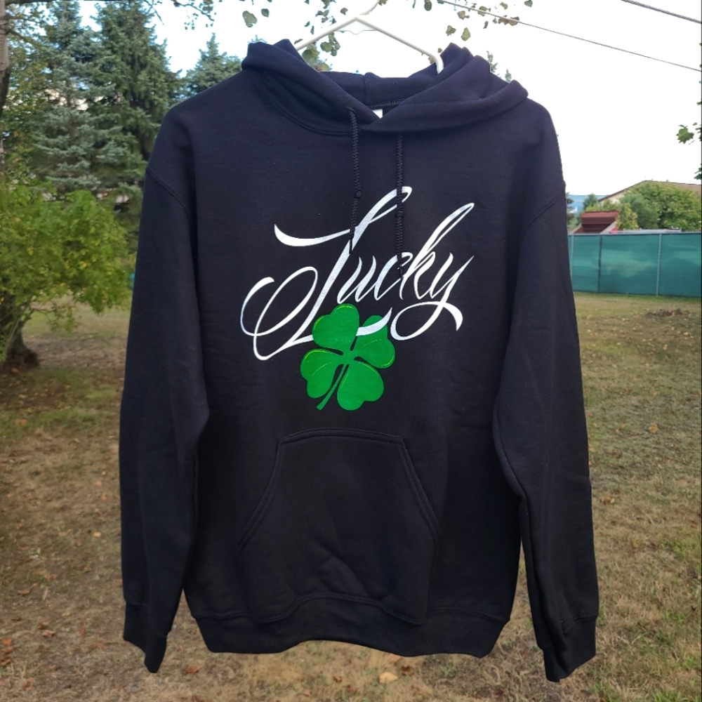 Black Hooded Sweatshirt White Lucky Irish Graphic Green Four Leaf Clover - small